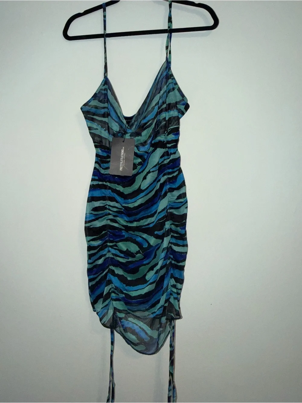 PrettyLittleThing Blue and Teal Zebra Stripe Mini Dress